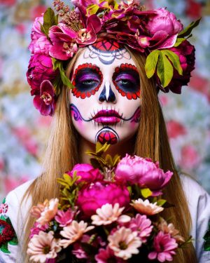 Dia de los muertos. Day of The Dead. Woman with sugar skull makeup on a floral background. Calavera Catrina. Halloween.